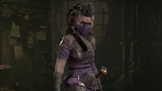 A woman with a mohawk wearing a purple bandana and leather armor standing on a dungeon background with huge knives