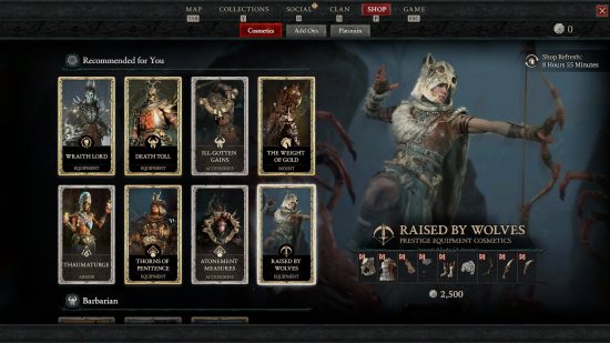 An image of the Diablo 4 store, showing different armors for each of the classes