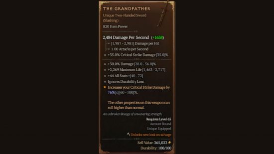 Diablo 4 The Grandfather stat screen showing its unique status and item power