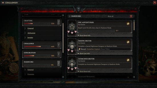 This is how Diablo 4 titles in the challenges menu are displayed if the challenge is not completed yet. The screen shows several Hardcore mode challenges.