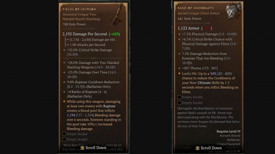 Diablo 4 uniques contain the ancestral and sacred items Fields of Crimson and Rage of Harrogath