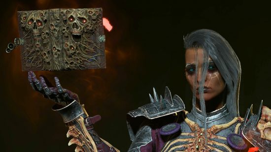 Diablo 4 uniques could drop for the Necromancer who poses holding a book with skulls on