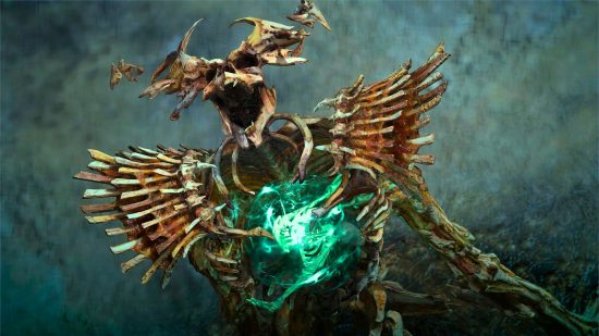 Diablo 4 Wandering Death world boss is a skeletal figure with a glowing green chest