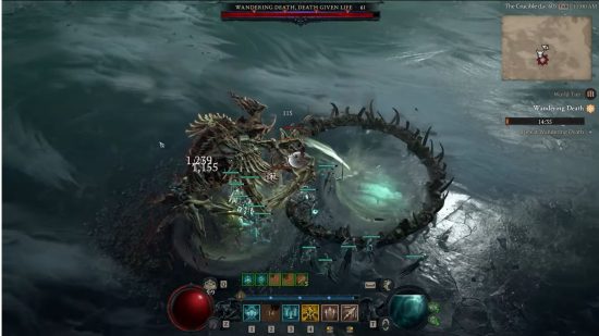 Diablo 4 wandering death world boss is a skeletal nightmare of a creature