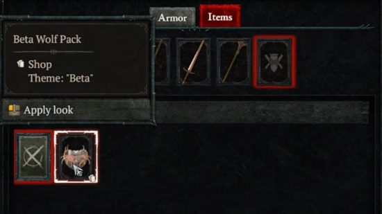 The Beta Wolf Pack cosmetic item, otherwise known as the Diablo 4 pup, as it appears in the Wardrobe menu.