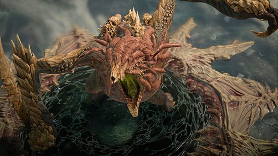 Ashava, uno dei boss del mondo Diablo 4, un demone pestilente che ricorda un drago pieno di peste, vomita acido velenoso dalla sua fauci aperta