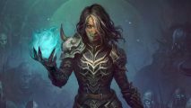Diablo 4 makes more in five days than Immortal has in a year: A woman with long black hair with white at the front stands wearing black and silver bone armor conjuring a glowing blue ball of energy