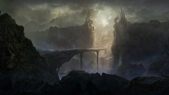 Diablo Immortal Destruction's Wake patch notes - two cliffs either side of a chasm, with statues of Lilith and Inarius carved facing one another onto them.