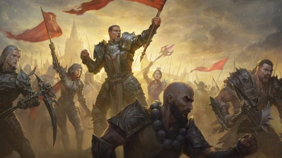 Diablo Immortal Destruction's Wake patch notes - a group of warriors rally together, flags raised.
