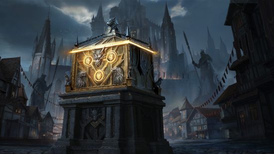 Diablo Immortal Destruction's Wake patch notes - a glimmering artifact on a pillar in the middle of a moonlit town.