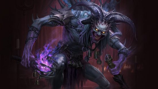 Diablo Immortal Destruction's Wake patch notes - Khuluul, an imp-like demon with an unsettling grin and a mace glowing with purple fire.