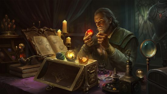 Diablo Immortal Destruction's Wake patch notes - An ageing man sits at a table and inspects several gemstones.