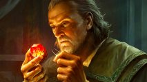 Diablo Immortal patch notes - Destruction's Wake update changes - a bearded, older man carefully inspects a glowing orange gem with a pair of tweezers.