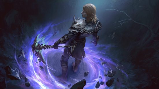 Diablo Immortal Destruction's Wake patch notes - a long-haired person wields a scythe, purple energy encircling their feet.