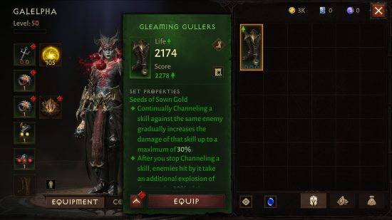 Diablo Immortal Destruction's Wake patch notes - screenshot of an item from the Seeds of Sown Gold set.