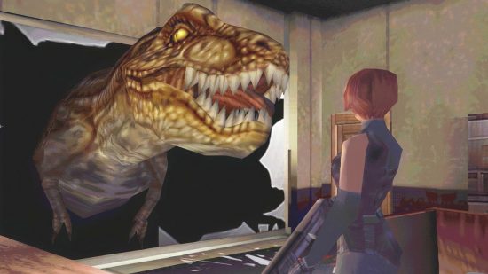Dino Crisis remake: A dinosaur smashes through a window to attack a red-haired woman, Regina, in Capcom horror game Dino Crisis