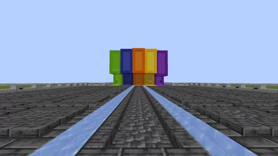 A pathway into DonutSMP, one of the best Minecraft servers, with five colored pillars at the end.