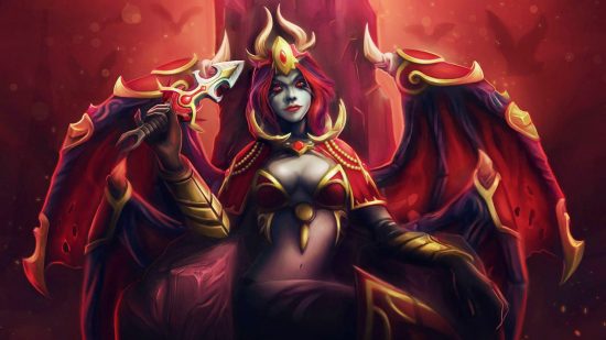 Valve is "freeing" Dota 2, so wave goodbye to battle passes: A demon woman with flowing red hair wearing a golden spiked crown sits on a throne with huge bat wings protruding from her back