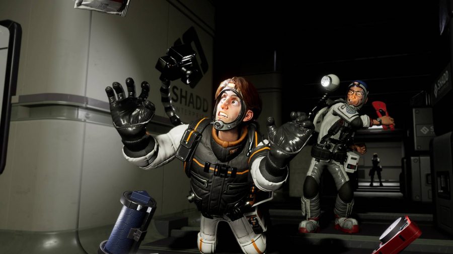 Dubium: A man reaching out in panic as dropped items float around him in a space station while another man in a space suit goes to club him as a shadow watches in the background