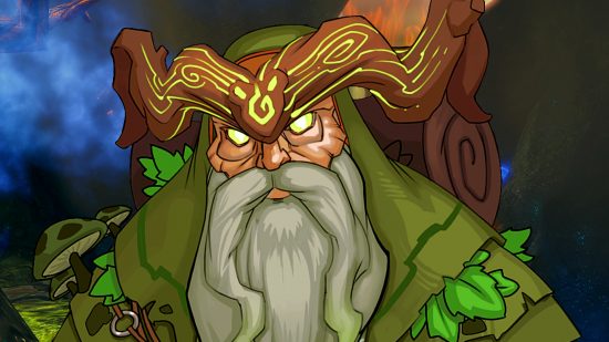 Dungeon Defenders - The Hermit, a bearded man with large, tree-like horns glowing with bright green swirls.