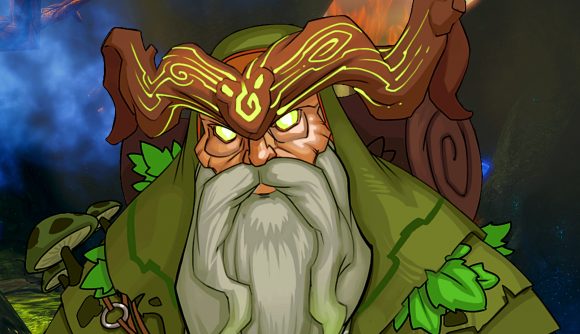 Dungeon Defenders - The Hermit, a bearded man with large, tree-like horns glowing with bright green swirls.