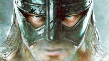Elder Scrolls 6 launch date: A man in a helmet, with blue eyes, the Dragonborn from Bethesda RPG game Skyrim