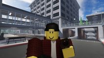 Evade codes: A Roblox fan in a flannel shirt is standing in front of a hospital.