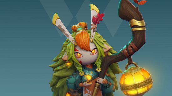 Beko is one of the Ever Core Heroes characters in the support type. They are wearing a mask and holding a staff with a lantern on it.