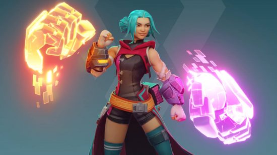Blink is one of the many Evercore Heroes characters of the damage class. She is wearing a brown sleeveless jacket with red cape and two ethereal firsts appear near her.