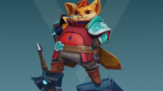 Maxx is valiantly standing on a sword and shield, and is one of the Evercore Heroes characters of the tank class. He is a rodent of sorts.