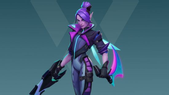 Shade is one of the many damage type Evercore Heroes characters. She has a futuristic purple bodysuit and is holding two blades.