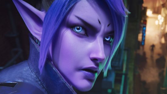 Evercore Heroes' PvE format isn't "easy," so ignore the skeptics: A purple elf woman with blue eyes and purple hair looks over her shoulder into the camera