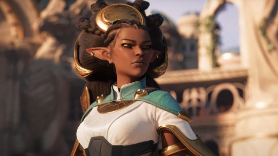 Evercore Heroes isn't meant to be a "League of Legends killer": A black elf woman with hair pulled back with a huge circular golden clasp wearing a white and blue shirt stares off into the distance grimacing
