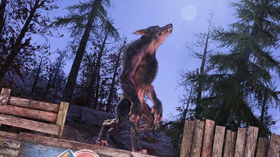 Fallout 76 Once in a Blue Moon - The Blue Devil, a tall werewolf in the woods.