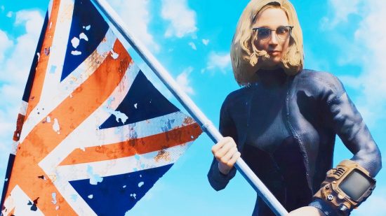 Fallout London release date: A young woman with blond hair holds the flag of Great Britain in Fallout 4 mod Fallout London