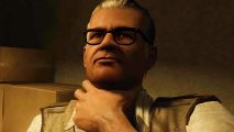 Far Cry 2 - a white-haired man in glasses massages his throat gently.
