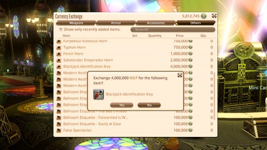 FFXIV Gold Saucer - a player prepares to buy the Blackjack Identification Key for 4 million MGP, earning them an airship mount from Final Fantasy 6.