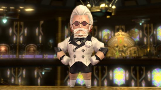 FFXIV Make It Rain 2023 - the Wind-up Godbert minion, featuring the white-haired man of leisure in his famous white tuxedo top and shorts.