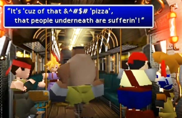 Final Fantasy 7 swearing mod: Characters from RPG game Final Fantasy 7 as they stand on a subway train