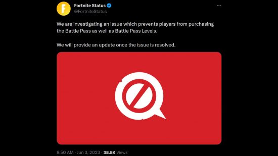 Tweet from the Fortnite Status account: "We are investigating an issue which prevents players from purchasing the Battle Pass as well as Battle Pass Levels. We will provide an update once the issue is resolved."