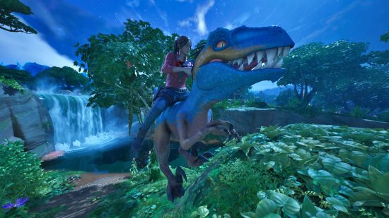 Claire Redfield is riding on top of one of the Fortnite raptors she hatched from the egg.