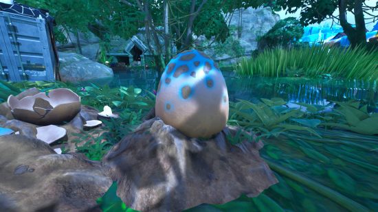 An egg that will hatch into one of the Fortnite raptors.