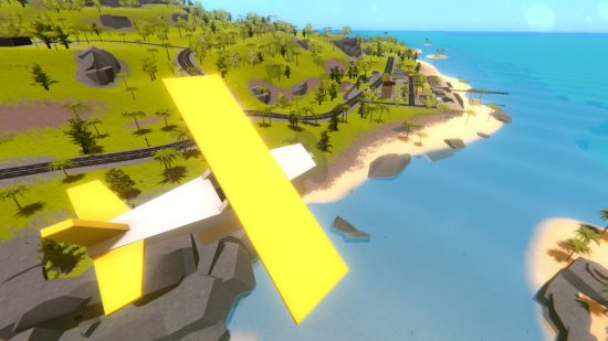 A bright yellow small aircraft flies over a sunny island in the blocky free Steam game Unturned.