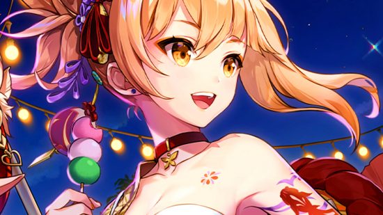 Genshin Impact Summer Festival 2023 dates - Yoimiya, a blonde-haired woman with golden eyes, celebrates among the lights of a festival, holding dango rice balls on a stick.