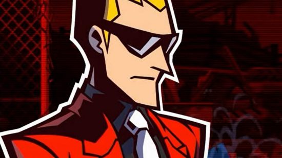 Photo of the protagonist from Ghost Trick: Phantom Detective who's wearing a red suit and black sunglasses.