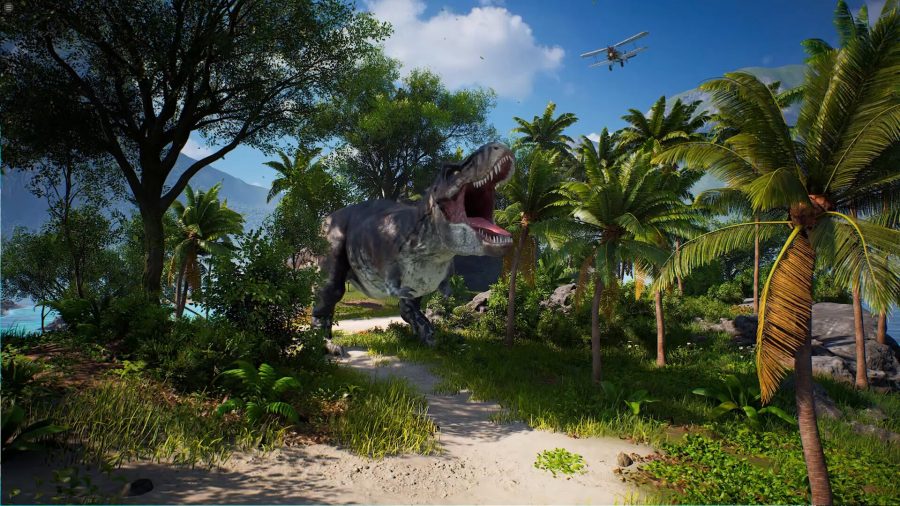 Grand Emprise - a T-rex among trees in a tropical locale.