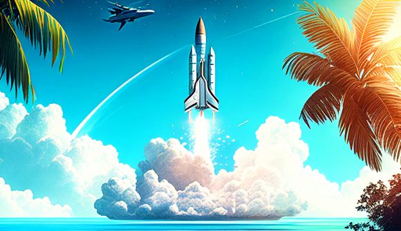 Grand Emprise - a rocket ship blasts off from a tropical beach.