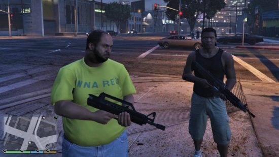 Best GTA 5 mods - two men with assault rifles standing on an intersection. One has a yellow gang t-shirt on.