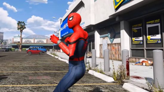 GTA 5 mods - Spider-Man is standing outside a TV store and is ready to fight an off-screen enemy.
