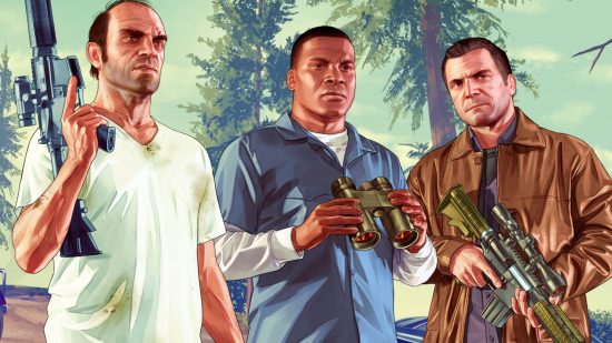 GTA 5 update hides GTA 6 tease: Three characters, Trevor, Franklin, and Michael, from Rockstar sandbox game GTA 5 stand in a line